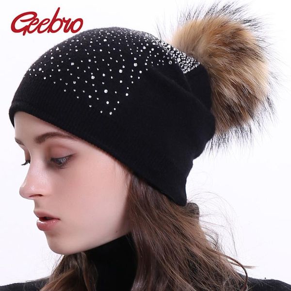 

geebro women's beanie hat with pompom winter warm cashmere knitted rhinestone slouchy beanie with raccoon pompom femme skullies, Blue;gray
