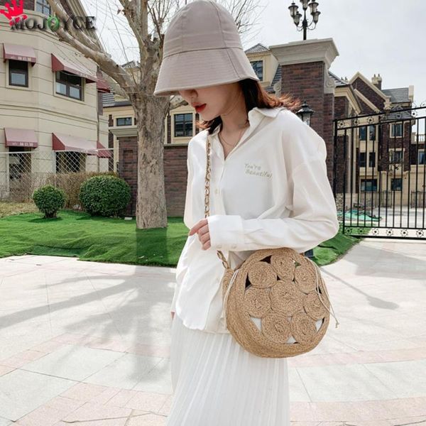 

round straw ladies handbags bohemian rattan messenger purse hand-woven round bag crossbody shoulder purse flower hollow ladi