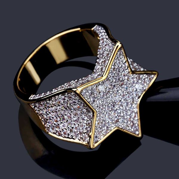 

hip hop ring five-pointed star men's ring real gold plated zircon ring luxury iced out copper rings, Golden;silver