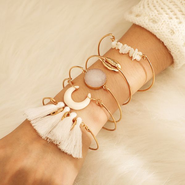 

bangle boho shell moon tassel multilayer bracelet set for women geometric open jewelry 8195, Black