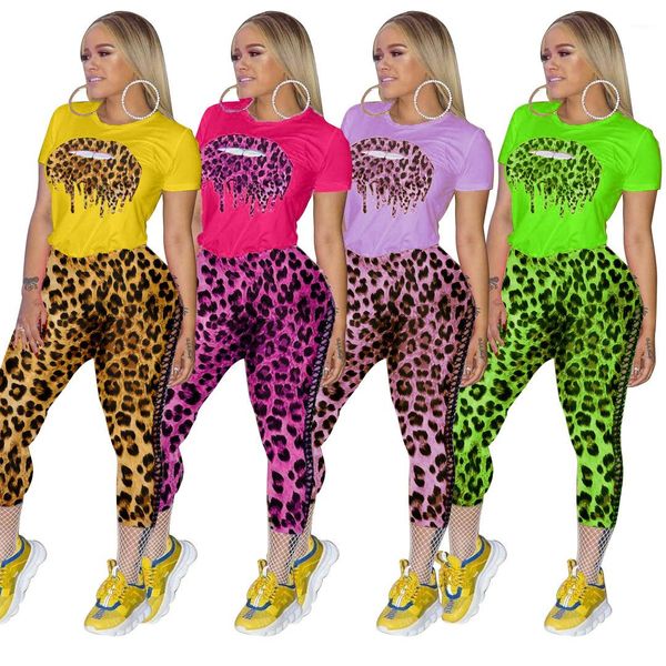 

pants casual leopard lips printed short sleeved crew neck suits womens fashion tracksuits womens designer tracksuits 2 pieces sets, White