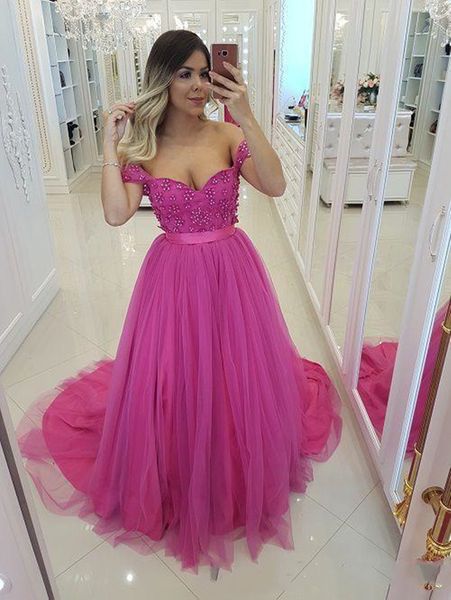 

fushcia ink prom dresses off the shoulder pearls lace tulle a line sparkly 2021 chic girls party evening gowns custom size, Black