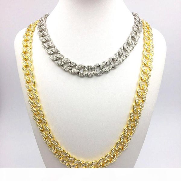 

tendy hip hop jewelry 18k gold plated shiny rhinestone curb miami cuban link chain necklace men women bling bling rapper accessories, Silver