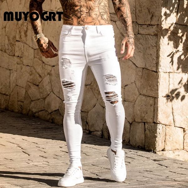 

muyogrt jeans man high street casual feet pants fashion men's jeans slim tight hole denim street hip hop pants 2020 fashion, Blue