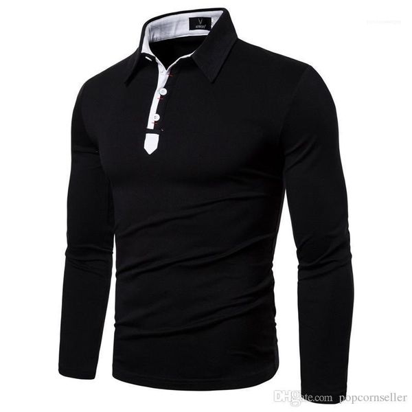 

color lapel embroidery long sleeve versatile casual t-shirt males apparel mens new fashion designer tshirt european and american pure, White;black