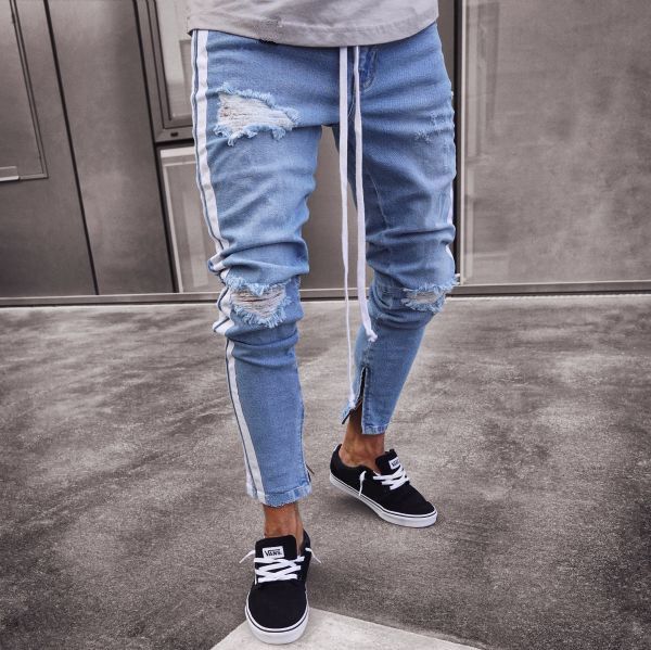 

side striped jeans for men hip hop super skinny jeans pants male designer ripped brand, Blue