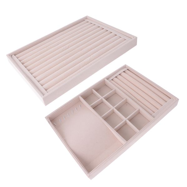 

2 pieces stackable velvet jewelry tray earring necklace bracelet ring organizer display storage box - beige mx200810, Black;white