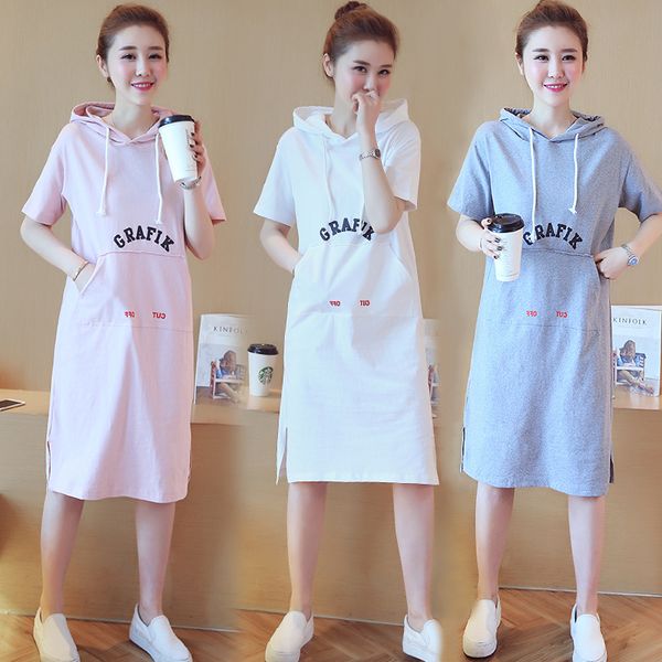 

5825 # одежда для беременных лето с коротким рукавом легко matching сыпучие капюшоном воротник платья для беременных мамы платье, White