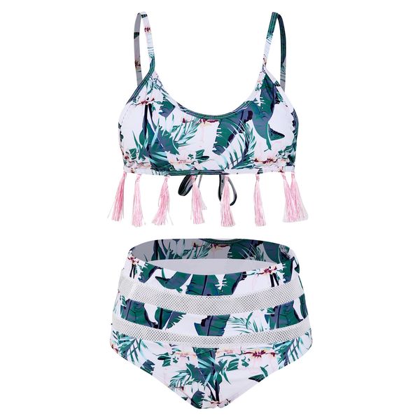 

leave print swimsuit female tassel bikinis 2020 brazilian fringe bikini push up swimwear women high waist biquinis bathing suits