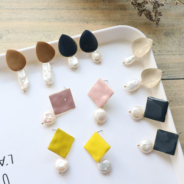 

stud mengjiqiao 2021 japan korea natural freshwater pearls earrings statement square waterdrop enamel geometric oorbellen, Golden;silver