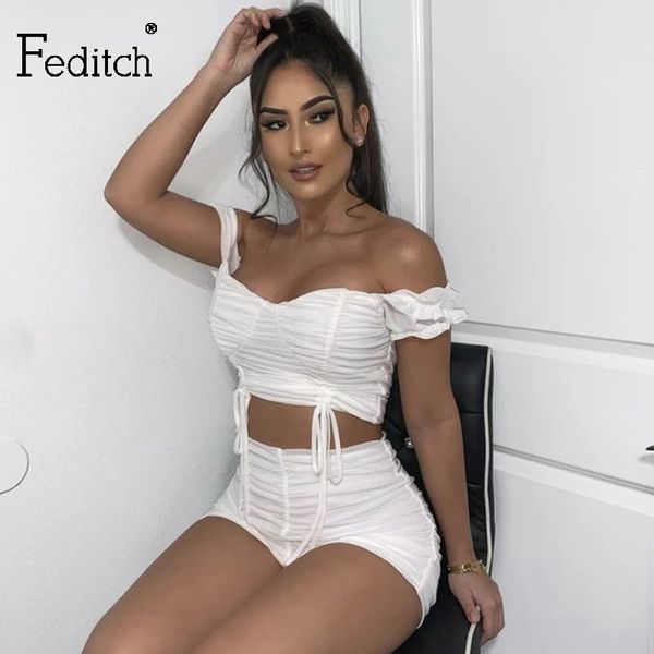 

feditch pleated summer crop and shorts puff sleeve two piece set women lace up bodycon party matching set 2020, Gray