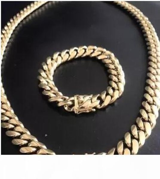 

14mm men cuban miami link bracelet & chain set 14k gold plated stainless steel, Silver
