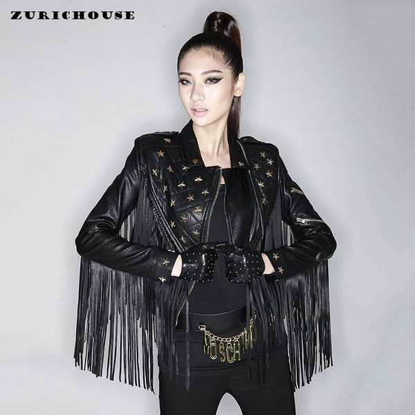 

zurichouse 2020 leather jacket for women fashion tassel rivet slim short biker coat female punk style faux leather jackets, Black