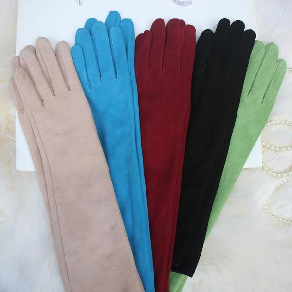 

long leather gloves for women suede leather party evening customized real genuine long gloves catwalk shows pgraphy, Blue;gray