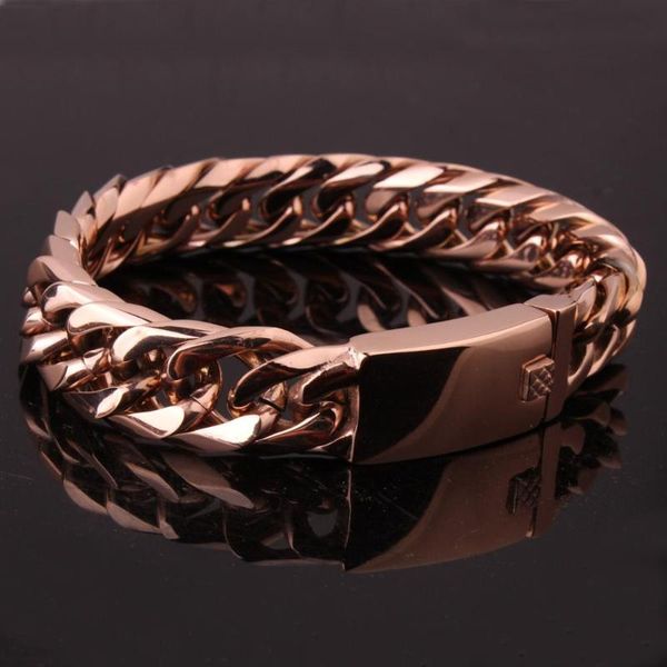 

hip hop stainless steel chain & link double cuban bracelets biker rose gold color curb bracelet bangles for men jewelry, Black