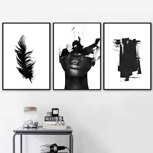 

abstract feather girl figure wall art canvas painting nordic posters and prints black white wall pictures for living room decor
