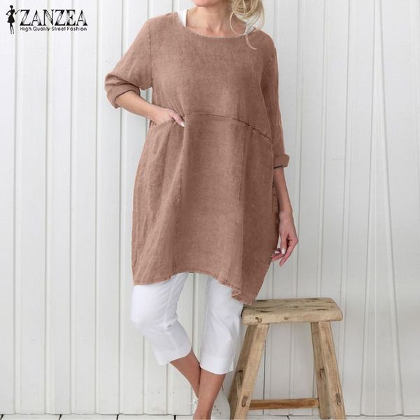 

plus size women's irregular blouse zanzea 2020 elegant autumn thin casual 3/4 sleeve shirts female split blusas solid tunic, White