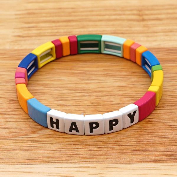 

shinus rainbow bracelet women happy letter femme enamel tile pulseras mujer 2020 new multicolor bracelets summer beach jewelry, Golden;silver