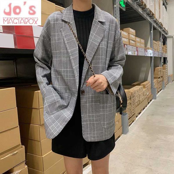 

women vintage plaid blazer korean office ladies long sleeve pockets jacket outerwear female single breasted pockets casual coat, White;black