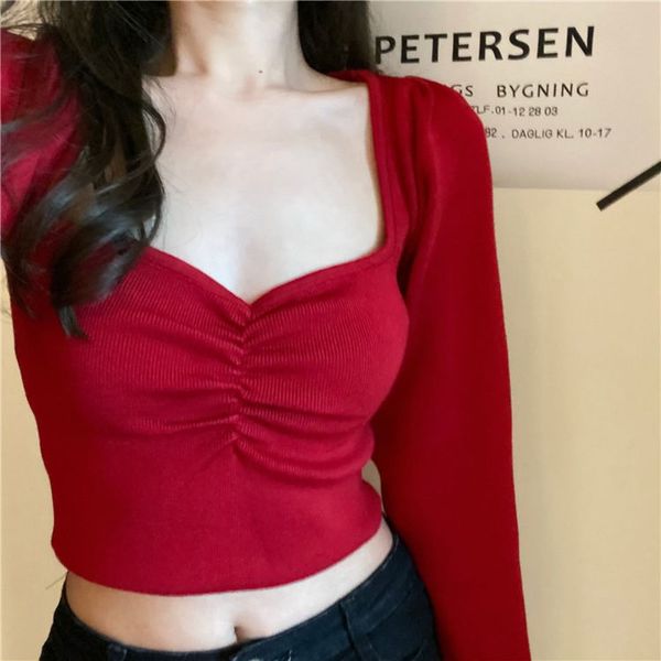 

long sleeve pullover korean square collar knit women sweaters vintage solid crop sueter mujer, White;black
