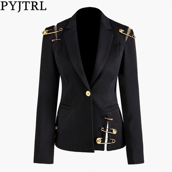 

pyjtrl women spring autumn black hollow out pin spliced jacket fashion tide long sleeve women coat, Black;brown