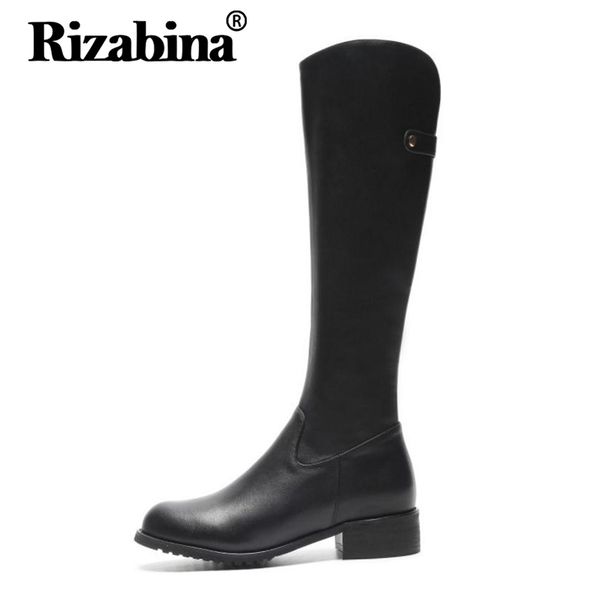 

boots rizabina women long genuine leather ladies shoes zipper round toe knee fur warm winter woman size 34-40, Black