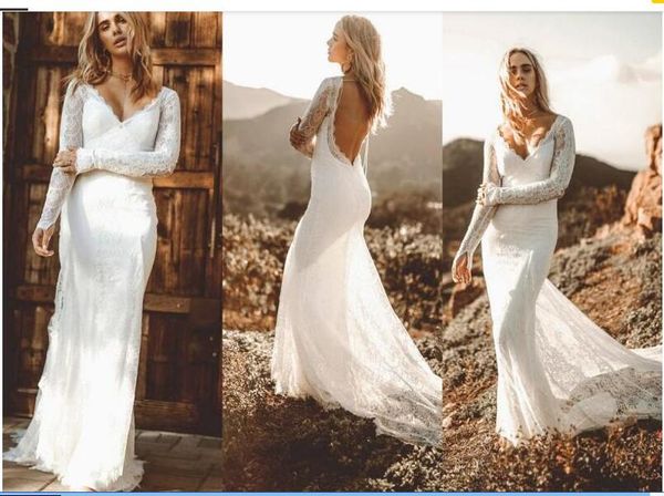 

country wedding dresses 2020 v neck lace appliques sweep train backless mermaid wedding dress custom boho long sleeve bridal gowns, White