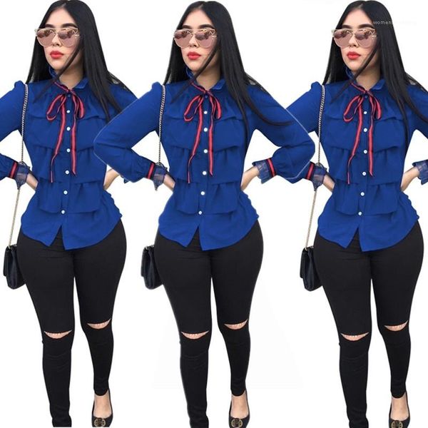 

shirt fashion casual long sleeve loose chiffon shirts fashion ribbon ruffle women shirt new arrival womens, White