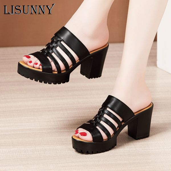 

sandals lisunny thick heels for women footwear 2021 summer fashion platform high heel open toe ladies slippers leather shoes, Black