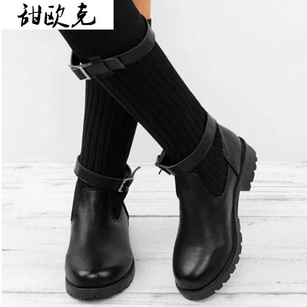 

2020 зимние женские сапоги мода пряжка низкий каблук mid calf женщин сапоги площади ступили носок zapatos de mujer, Black