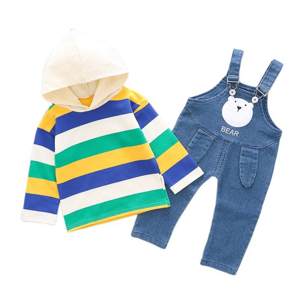 

0-3 years old baby boy clothes autumn fashion denim overalls cotton striped hooded sweater boy cartoon bear baby two-piece suit, White