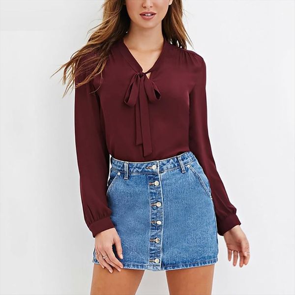 

sale spring summer blouse women long sleeve shirts fashion leisure chiffon shirt bow office ladies burgundy white plus size