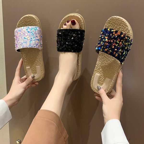 

flat shoes female slippers women summer pantofle luxury slides flock low 2020 designer soft pu bling rome rubber shoes flock, Black