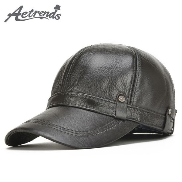 

ball caps [aetrends] 2021 winter men's 100% leather baseball cap men warm hats with ears flap z-5304, Blue;gray