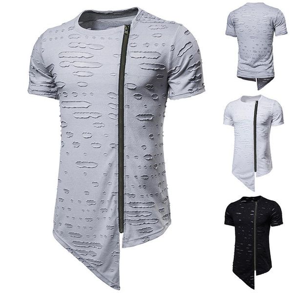 

natural color tshirts crew neck short sleeve casual tshirts mens summer tshirts designer hole panelled tees with zipper fashion, White;black