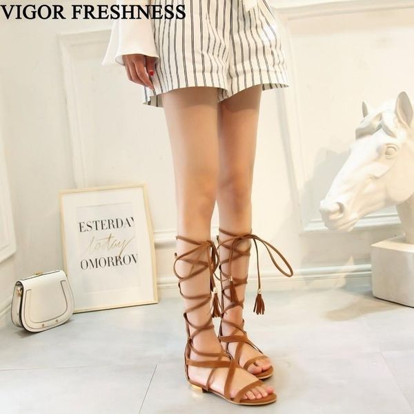 

boots vigor freshness summer women gladiator shoes woman knee high flat sandals zapatos mujer lace up my132, Black