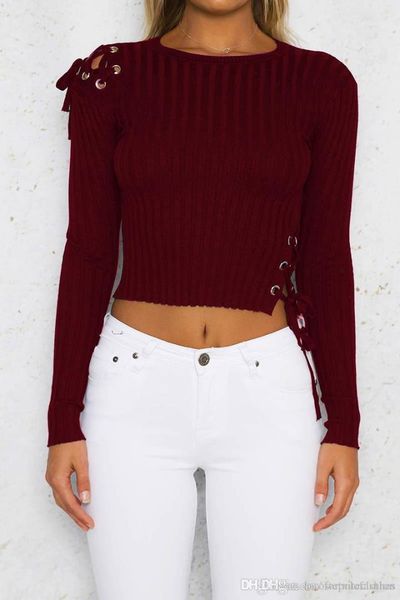 

slim hole metal strap long sleeve tees vertical strip donna casual short clothes designer womens knits, White