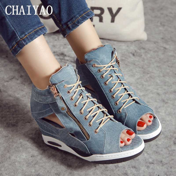 

rome women's sandals 2020 summer denim open toe cross-tied platform wedges female sandals fashion zipper flatform women's shoes, Black