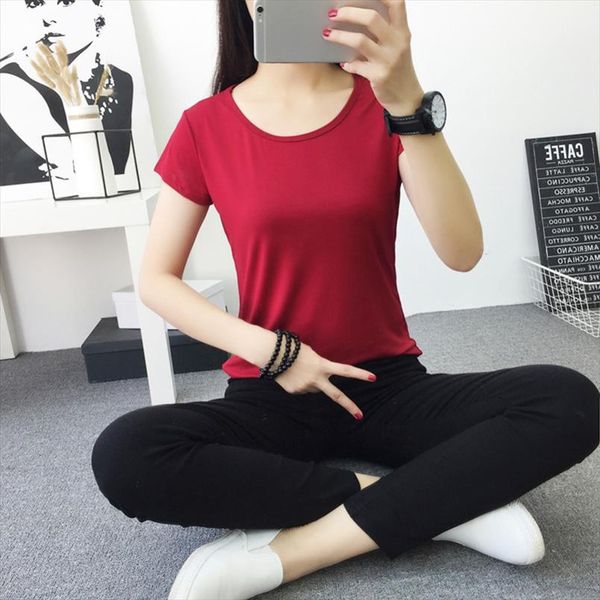 

women shirts 2020 summer t shirt women cotton elastic basic tshirt woman casual short sleeve t shirt, White