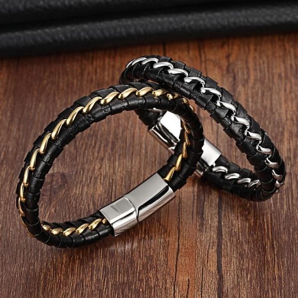 

black 316l stainless steel genuine leather bracelet for women men leather knitted magnetic clasp bracelets & bangles men jewelry, Red;blue