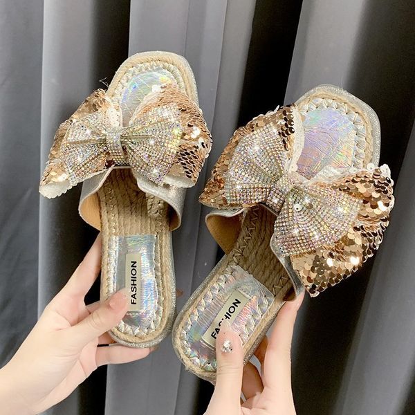 

sequins bow tie women sandals summer shoes open toe slide ladies fashion light slip on rhinestones women beach slippers, Black
