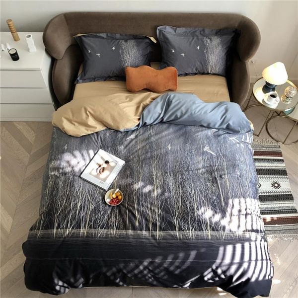 

4 piece 100% cotton sateen bedding sheets trees woods print cubre edredones king 240x220 duvet cover double linen parure de lit