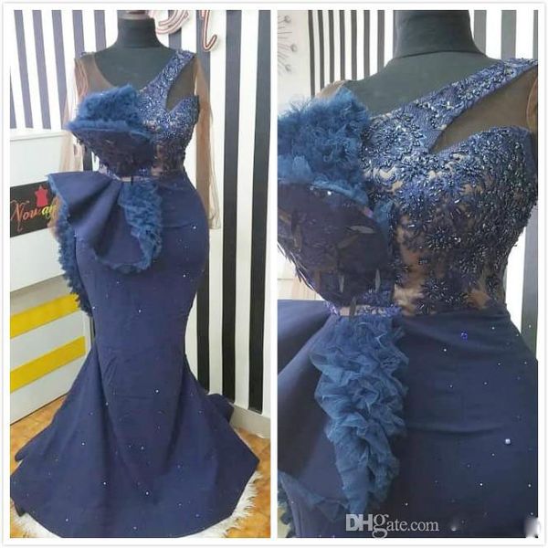 

2020 aso ebi arabic navy blue evening dresses lace beaded mermaid prom dresses formal party second reception gowns dresses, Black;red