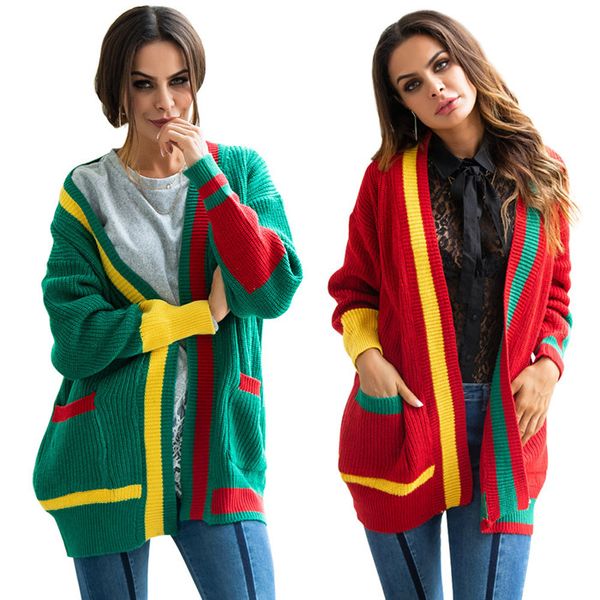 

womens colorful striped pocket cardigans autumn winter chirstmas festival loose sweaters women high fashion knit jackets, White;black