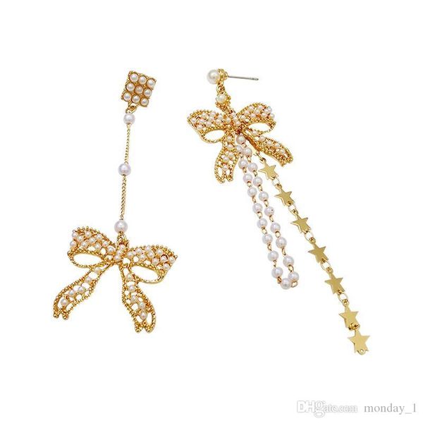 

2019 new bow long tassel artificial pearl temperament earrings j190702, Golden;silver