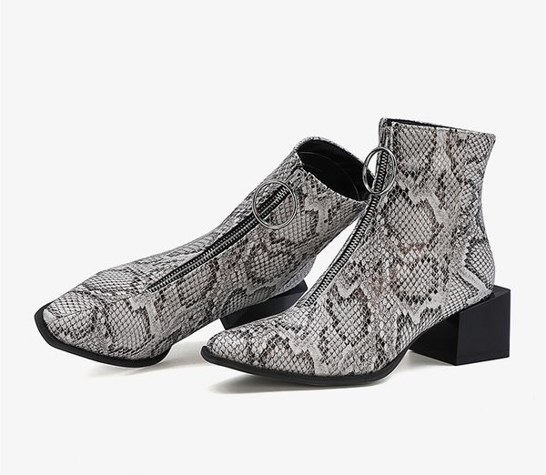 

2020 zipper shoes women's ankle boots snake print women pointed toe ladies chunky heel female shoes woman footwear plus size 43, Black