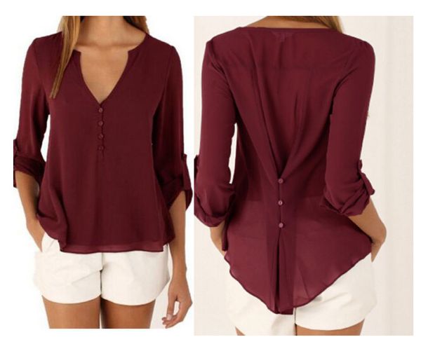 

women plus size elegant v neck casual fashion blouses long sleeved chiffon autumn spring summer tees 2020 new high quality, White