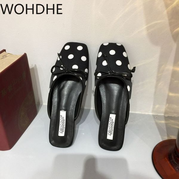

2020 women dress slides female flats slippers ladies elegant sandals mules square toe bowknot mules black white dot slippers