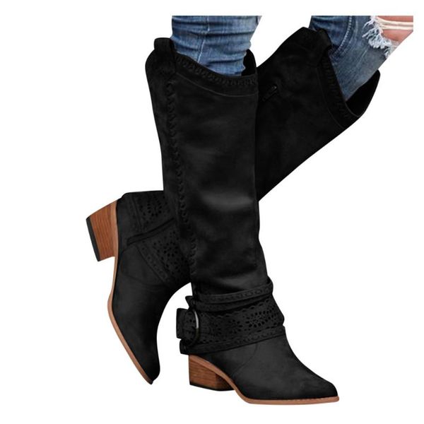 

vintage women's boots flats square head low-heeled western rodeo zipper comfy boots with thick scrub plus size 35-43 shoes, Black