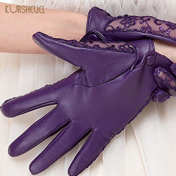 

women summer anti-uv genuine leather lace gloves ladies elegant outdoor travel goatskin leather gloves driving agb310, Blue;gray